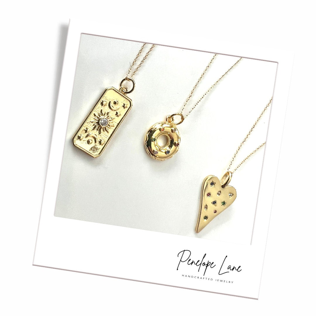 Radiant Splendor Dainty Necklaces: Fun Donut, Sun Burst Pave  or Abstract Heart