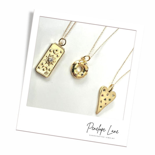 Radiant Splendor Dainty Necklaces: Fun Donut, Sun Burst Pave  or Abstract Heart